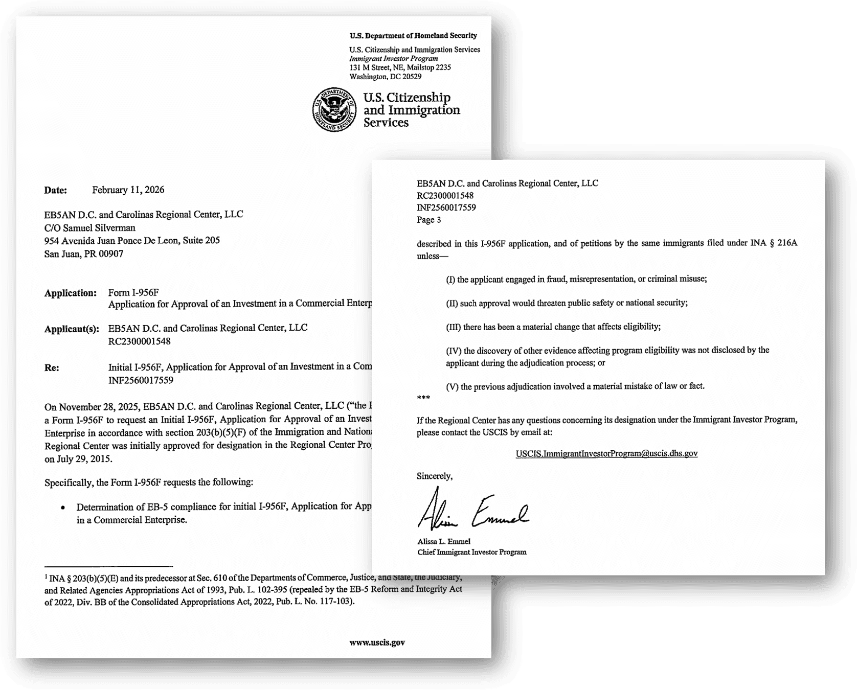 USCIS I-956F 승인서 — Simply Shenandoah 프로젝트 사전 승인 및 Rural Area 인정